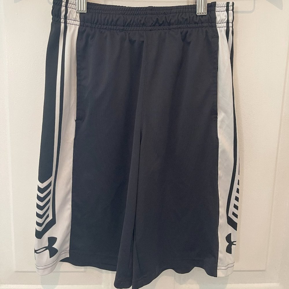 Under Armor youth size Large black shorts with white accents.